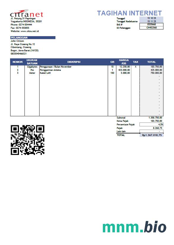 Szablon rachunku za media w Indonezji Citranet w formatach Word i PDF